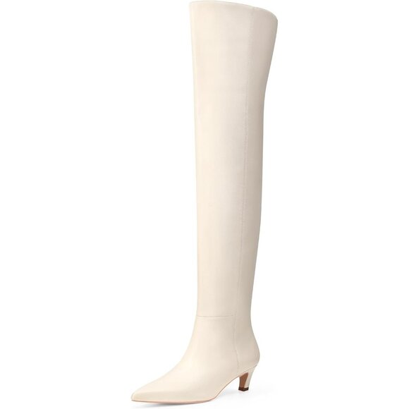 Women White Polyurethane Over the Knee Square Toe Block Heel Long Zipper Boots - Picture 1 of 9